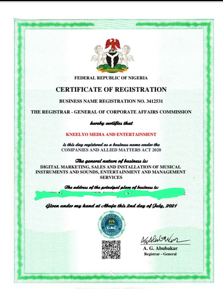 Company's name Registration certificate 